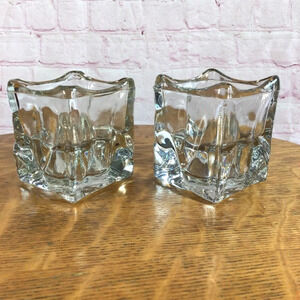 Heavy Clear Glass Square Candle Holder Pair